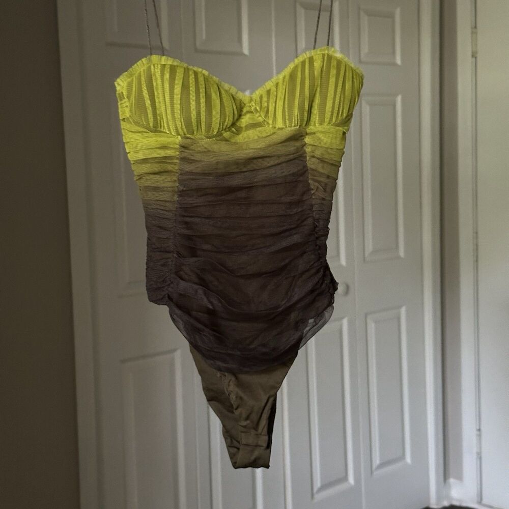 ZARA NEW TULLE CORSET BODYSUIT PLEATED MESH OMBRE NEON GREEN 4661/403 Sz XS - Picture 3 of 7